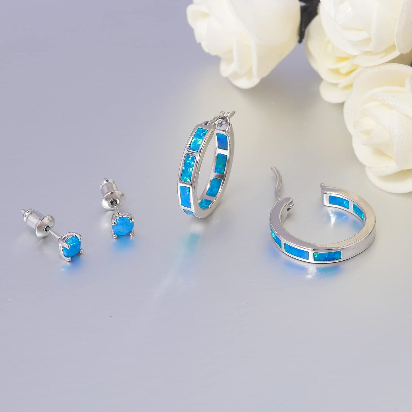 CiNily 2 Pairs Hoop Earring Set for Women Blue Opal Small Hoop Earring Silver Plated Hypoallergenic Opal Stud Earrings