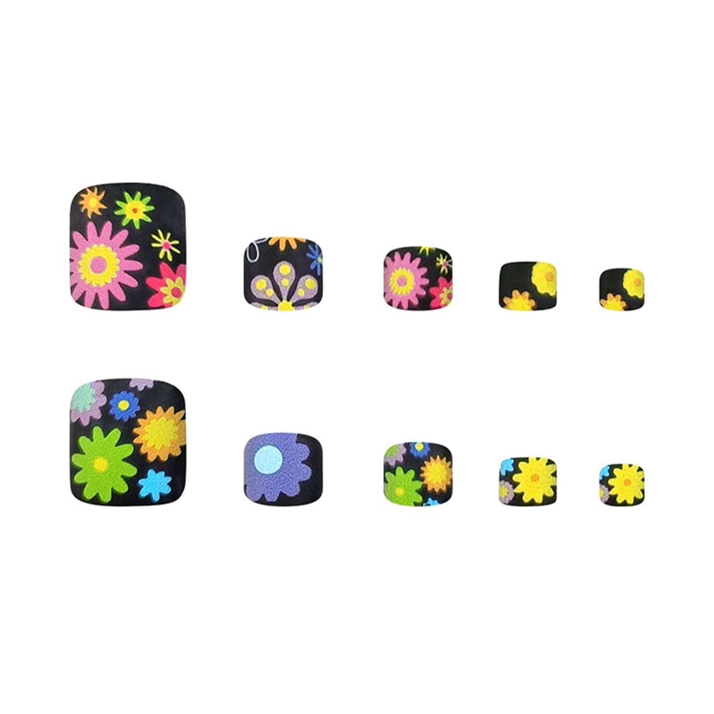 24 Pieces Summer Flower Press-On Toenails Short Square Black False Toenails Colorful Floral Pattern Cute Daisy Matte Black Acrylic Toenail Stickers Women's Nail Art