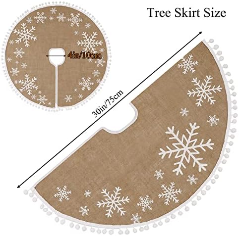 N&T NIETING Burlap Christmas Tree Skirt, 30 Inch Farmhouse Tree Mat with White Snowflakes Printed Pom Poms for Xmas Holiday Party Decoration