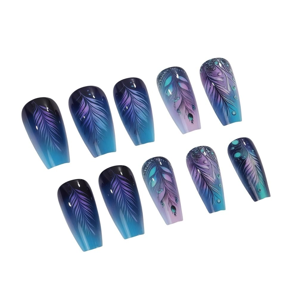 Square Ombre Press on Nails Set - Blue Purple Gradient Feather Pattern Fake Nails with Glue on Nail Acrylic False Nails Glossy Full Cover Stick on Nail for Women 24PCS