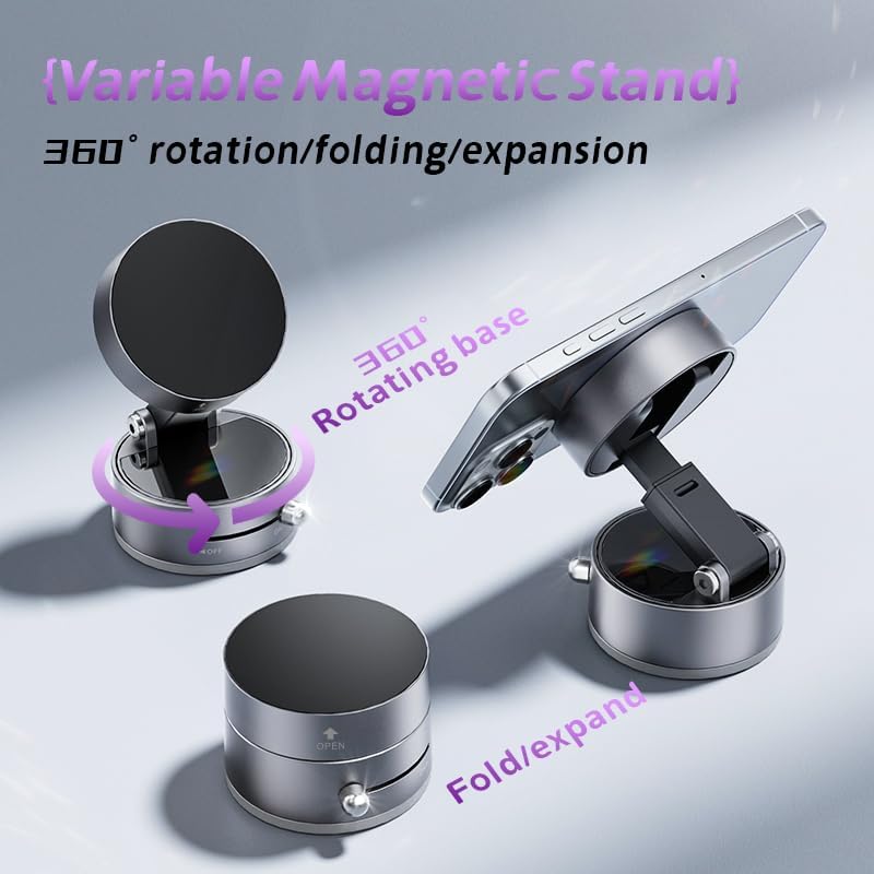 Magnetic Phone Holder for Car, [360° Rotatable] Phone Mount with Strong Suction Cup & Retractable Stand, Foldable Phone Holder for iPhone 16/15/14/13 and All Smartphone (Black)