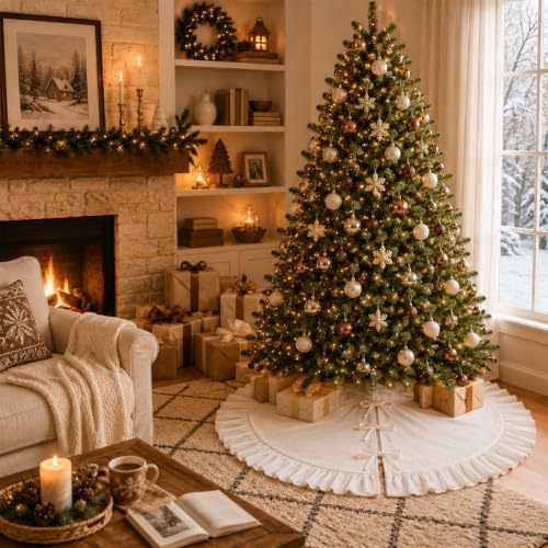 Christmas Tree Skirt,Velvet Tree Skirt with Ruffled Edge, Classic Large Velvet Fur Plush Tree Skirt for Merry Christmas(White,48Inch)
