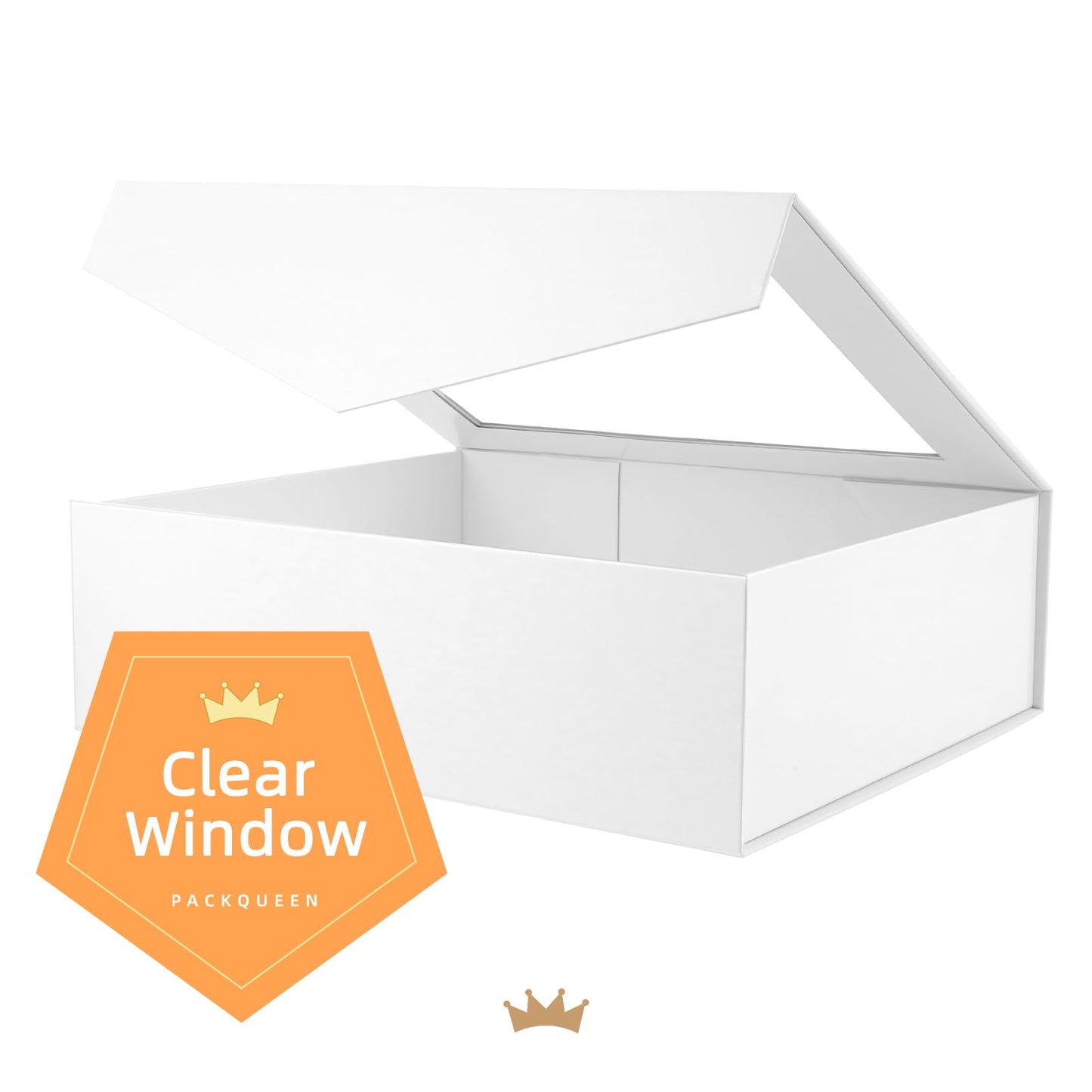 PACKQUEEN Extra Large White Gift Box with Window, 16.3x14.2x5 Inches Clear Gift Box for Present Contains Ribbon, Card, Bridesmaid Proposal Box with Lid (Glossy White)