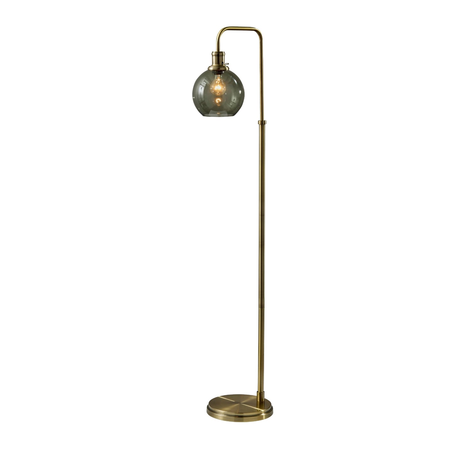 Adesso Globe Smoked Glass Floor Lamp with Antique Brass Finish – 60” Tall, Compact 10.5” Wide Base