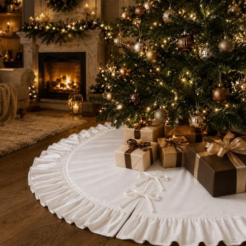 Christmas Tree Skirt,Velvet Tree Skirt with Ruffled Edge, Classic Large Velvet Fur Plush Tree Skirt for Merry Christmas(White,36Inch)