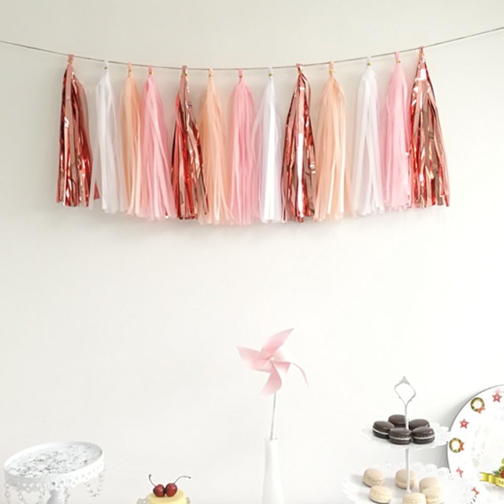 We Moment Tissue Paper Tassels Party Tassel Garland Banner for Party Decorations, DIY Kits,Pink,White,Peach,Rose glod,40 PCS