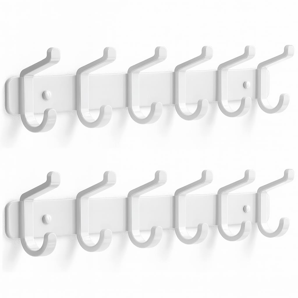 pickpiff Coat Rack Wall Mounted Heavy-Duty: Metal Coat Hanger 6 Hooks for Hanging Hat, Clothes, Robe, Keys, Backpack, Bathroom Towels, Jacket, Purse - Closet, Door, Entryway, Mudroom (White, 2 Pack)