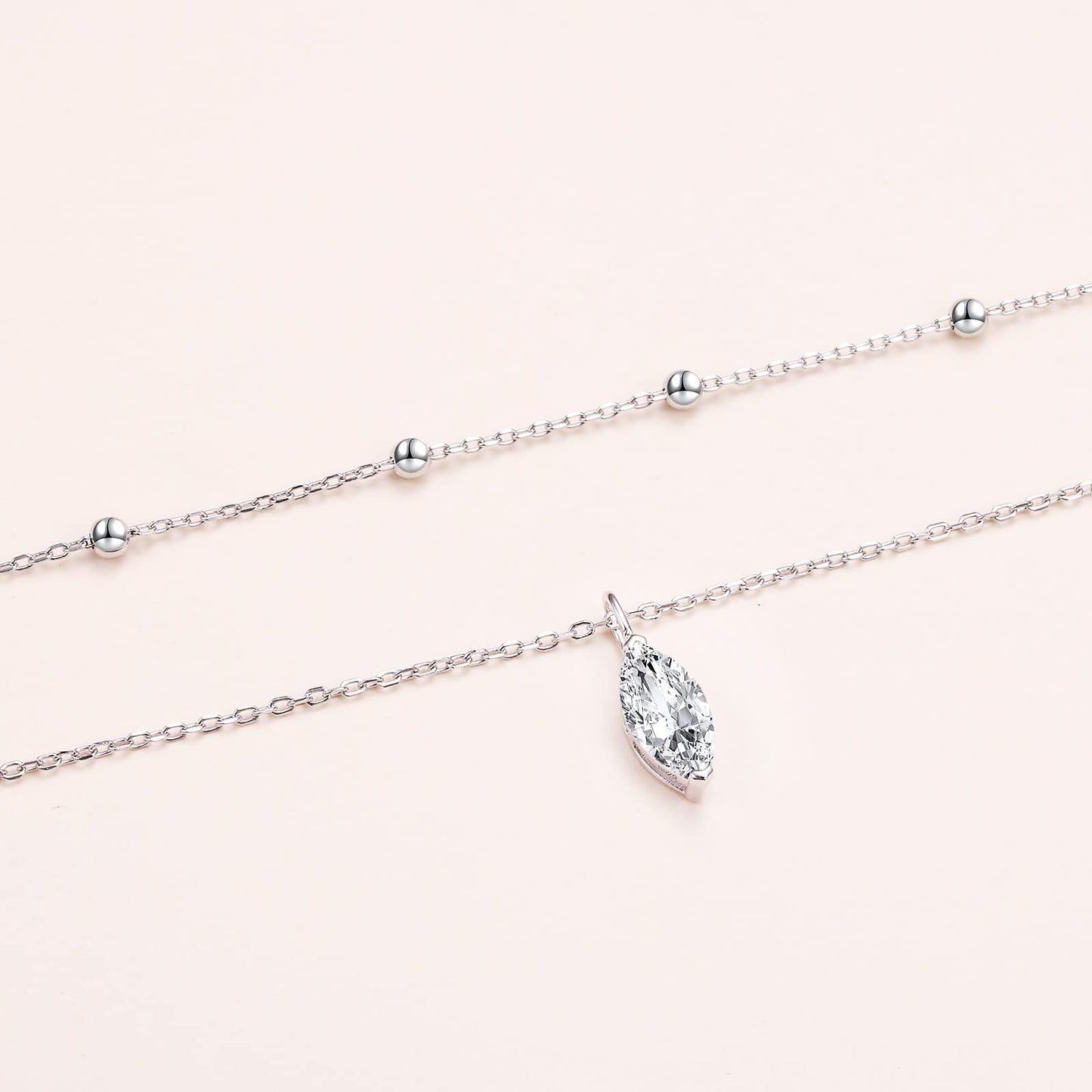 FLYOW Adjustable Layered Choker Necklace Cubic Zirconia Marquise Pendant Sterling Silver Solitaire Necklaces for Women Sisters Birthday Gifts
