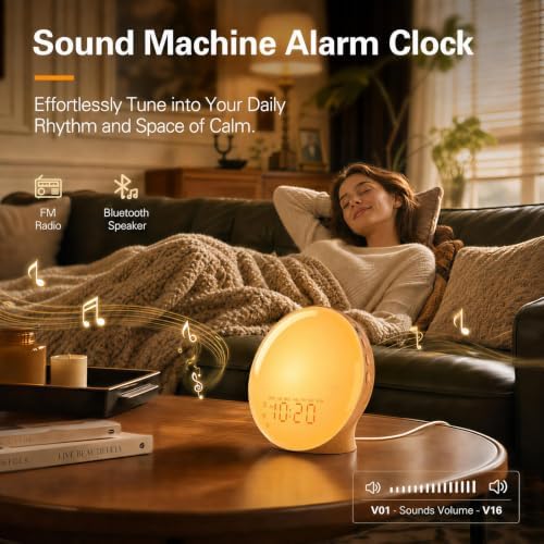 JALL Full-Screen Wake Up Light Sunrise Alarm Clocks for Bedrooms, White Noise Machine for Heavy Sleepers, 25 Natural Sounds, Dual Alarms, FM Radio, 17 Dimmable Colors, Bluetooth Speaker