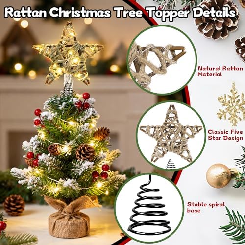 Christmas Tree Topper Rustic Christmas Tree Topper Star 6 Inch, Battery Operated Lighted Jute Rattan Star Warm White Light Christmas Tree Decoration for Small Tabletop Christmas Trees