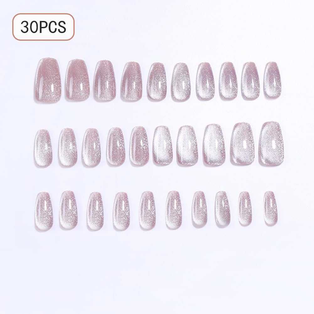WAFOLOZE Press On Nails Medium Coffin Fake Nails With Glue, Ice Crystal Stone Cat's Eye Nail Press Ons With Flashing Nude Color Design，Artificial False Nails Stick On Nails for Women-30Pcs