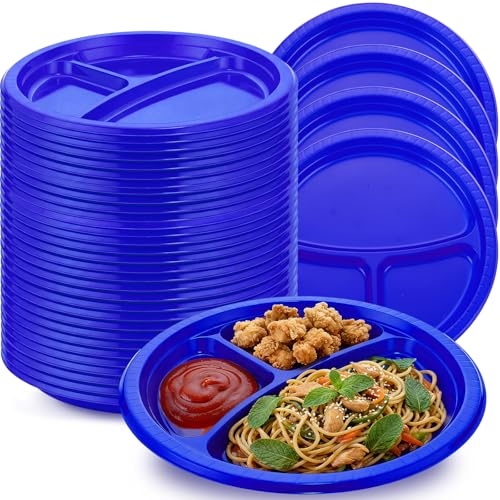 Umigy 100 Pcs 10 Inch 3 Compartments Divided Plastic Plates Bulk Colorful Disposable Heavy Duty Round Dinnerware for Party Valentine Wedding Birthday(Blue) - color: Blue