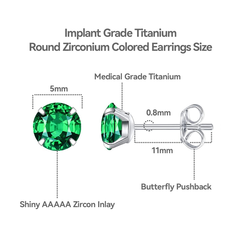 Limerencia Hypoallergenic G23 Titanium Earrings, F136 Implant Grade Pure Titanium, Suitable for Sensitive Ears with Birthstone Crystals CZ Simulated Diamonds (Green)