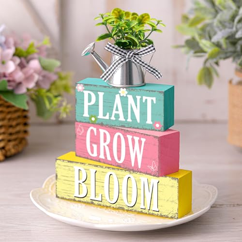 GlikCeil 4 Pcs Spring Table Decoration Spring Tiered Tray Decor Plant Grow Bloom Wooden Kettle Block Sign Farmhouse Rustic Table Decor Wood Tabletop Centerpiece for Home Desk Kitchen Shelf Decors - style: Spring