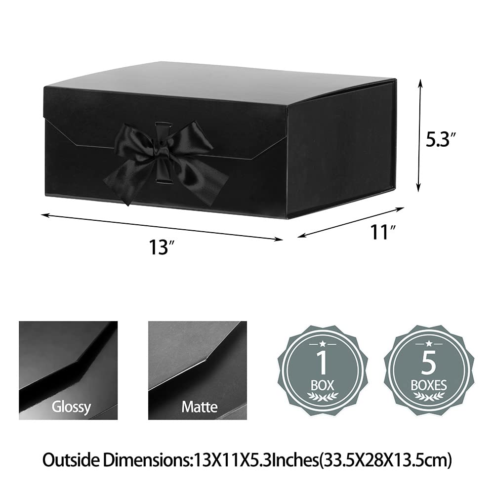 GoooodGift Black Large Gift Box 13x11x5.3 Inches,Luxury Gift Wrap Box with Lid Magnetic Closure, Rectangle Collapsible Boxes for Gift Packaging (Glossy Black)