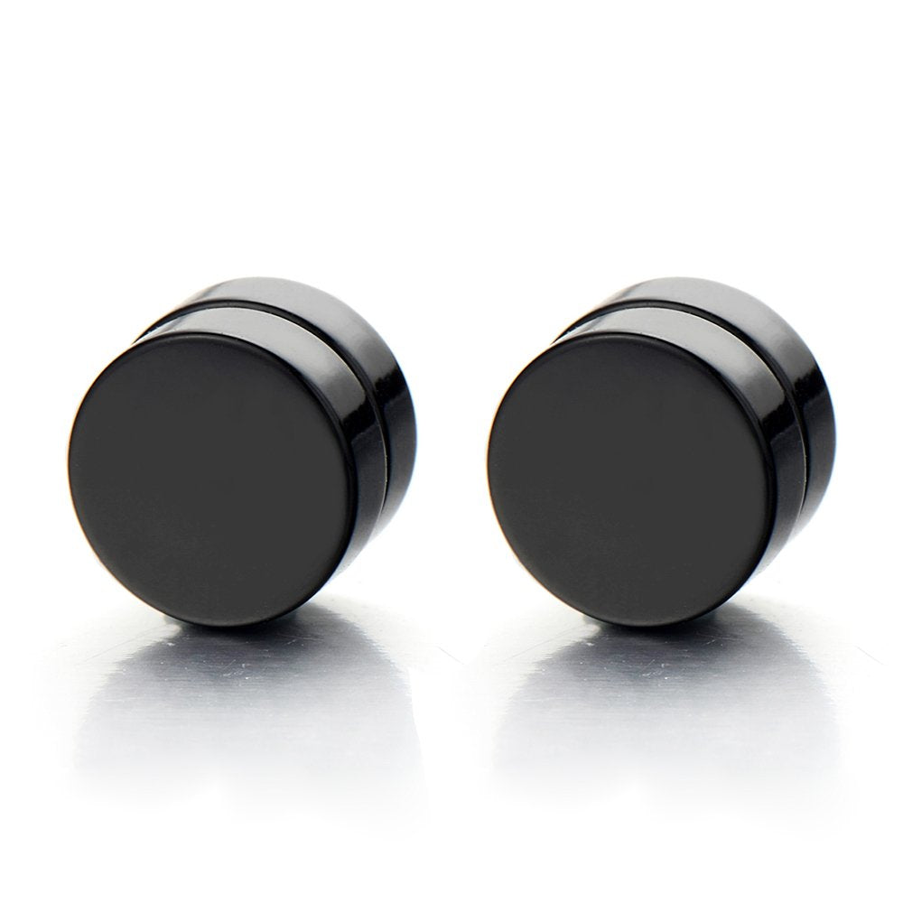 COOLSTEELANDBEYOND Unisex Magnetic Black Stud Earrings, 6mm Round Stainless Steel Non-Piercing Studs, 1 Pair