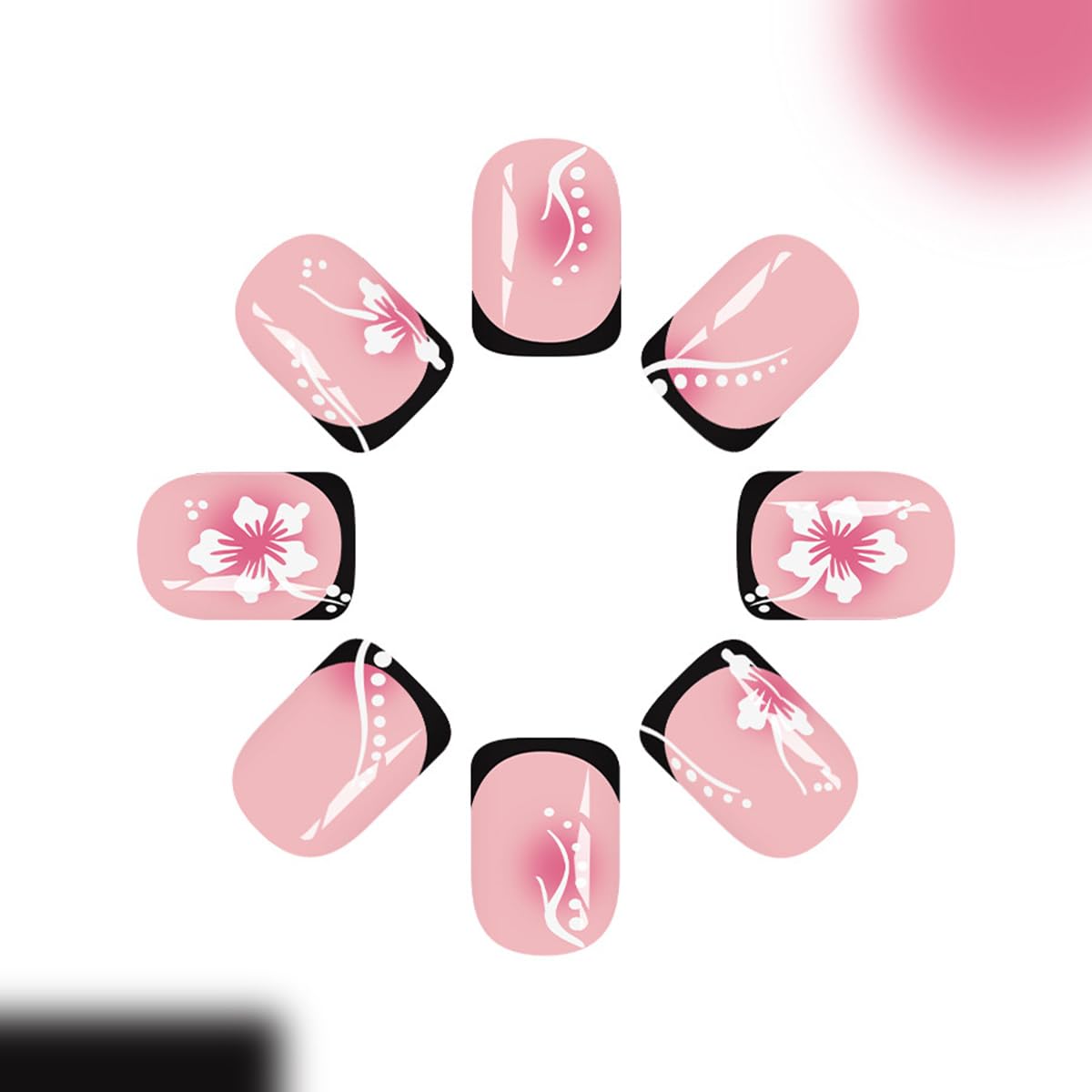 Square Press on Nails Medium, Black French Tip Fake Nails with 3D Rhinestone & Flower Design Glossy Nude False Nails Press ons Full Cover Glue on Nail for Women Nail Art Decoration 24Pcs