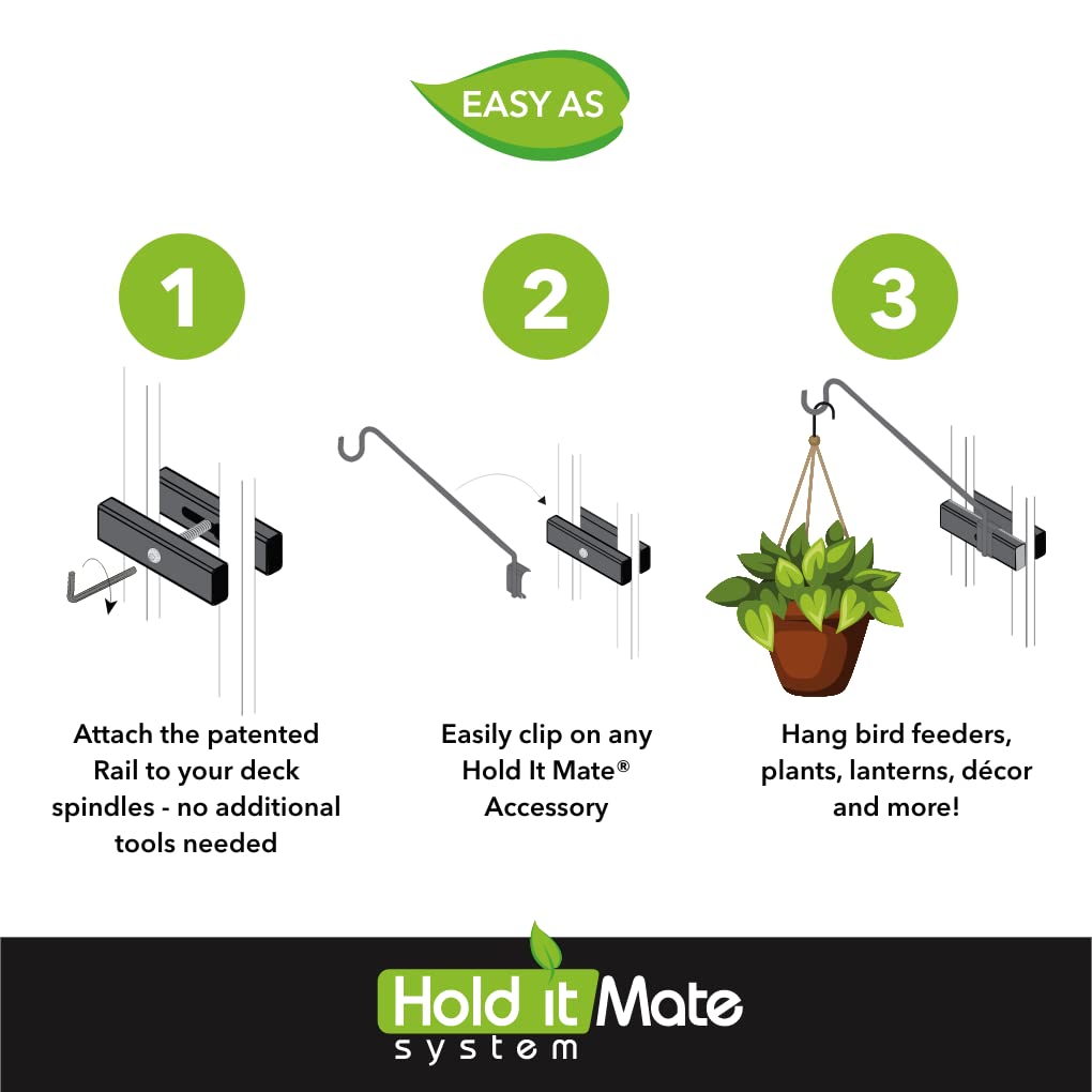 Premium - Hold It Mate Multi Use Hook Kit for Vertical Spindled Railings, Hang Flower Baskets Chimes Bird Feeder 15LBS Weight Limit