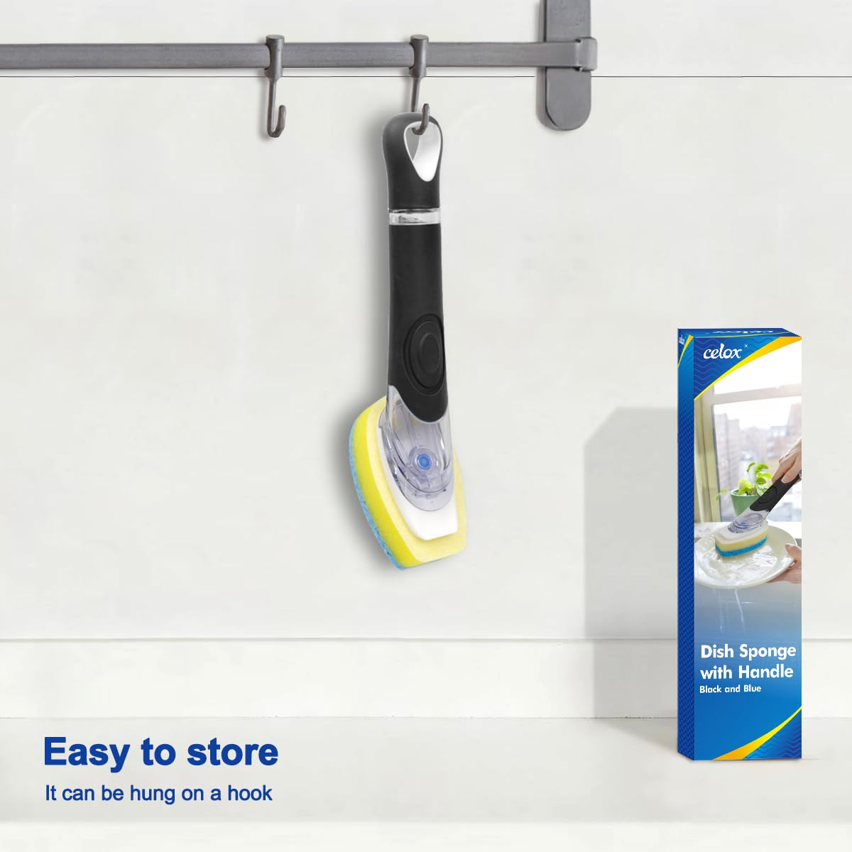 CELOX Dish Sponge with Handle for Pot Pan Sink Cleaning, Soap Dispensing Dish Sponge