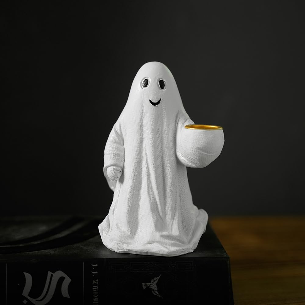 HARUHI Adorable Spooky Ghost Statue Figurine Cute Halloween Decor for Desk Shelf Home & Garden Decoration（Candelabra Ghost）