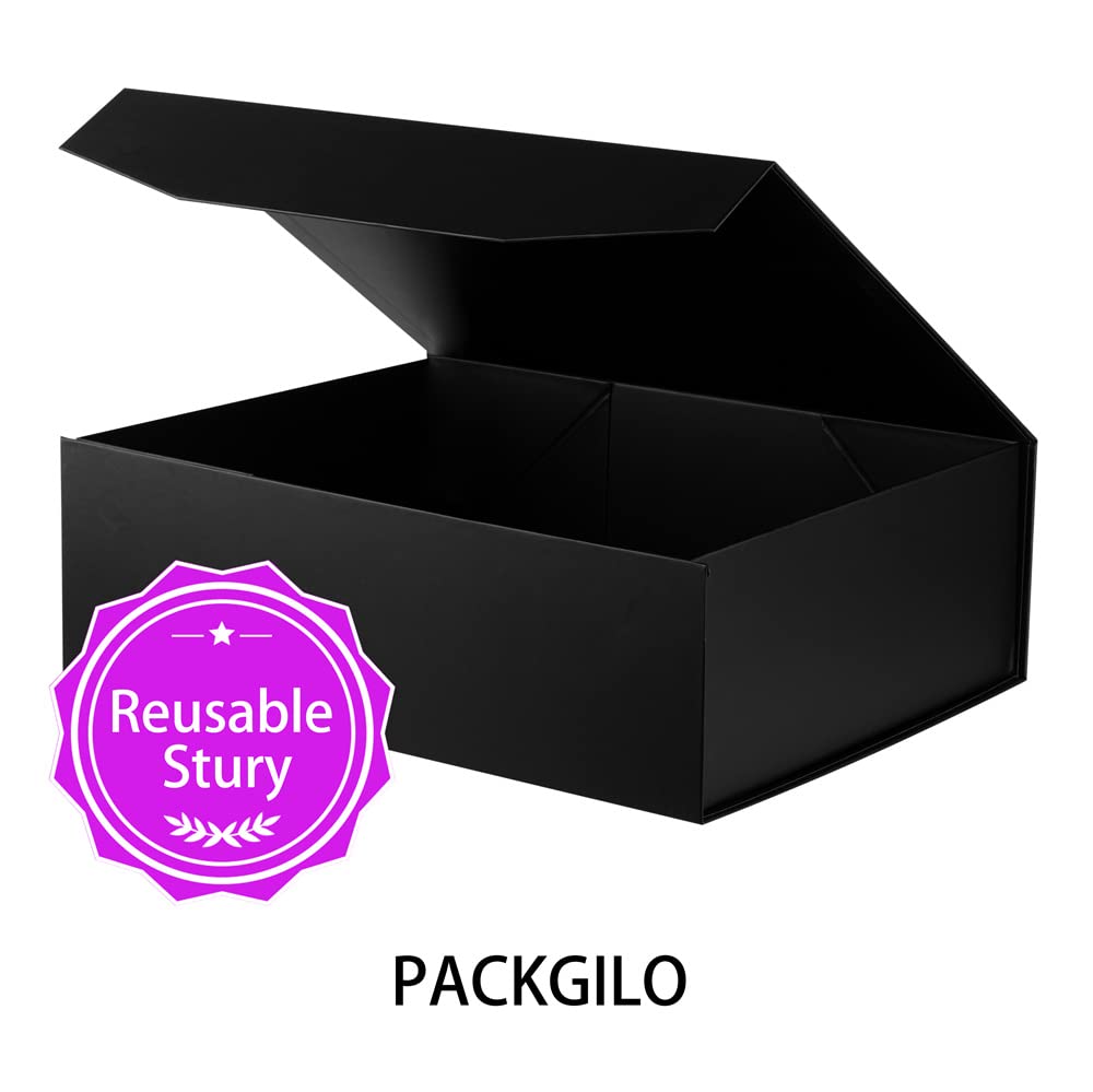 PACKGILO 1 Pcs Matte Black Extra Large Gift Box with Lid, 16.5x13x5.3 Inches, Hard Magnetic Giant Gift Boxes for Presents Clothes Robe Wedding Dress Sweater,Reusable Foldable Bridesmaid Proposal Box