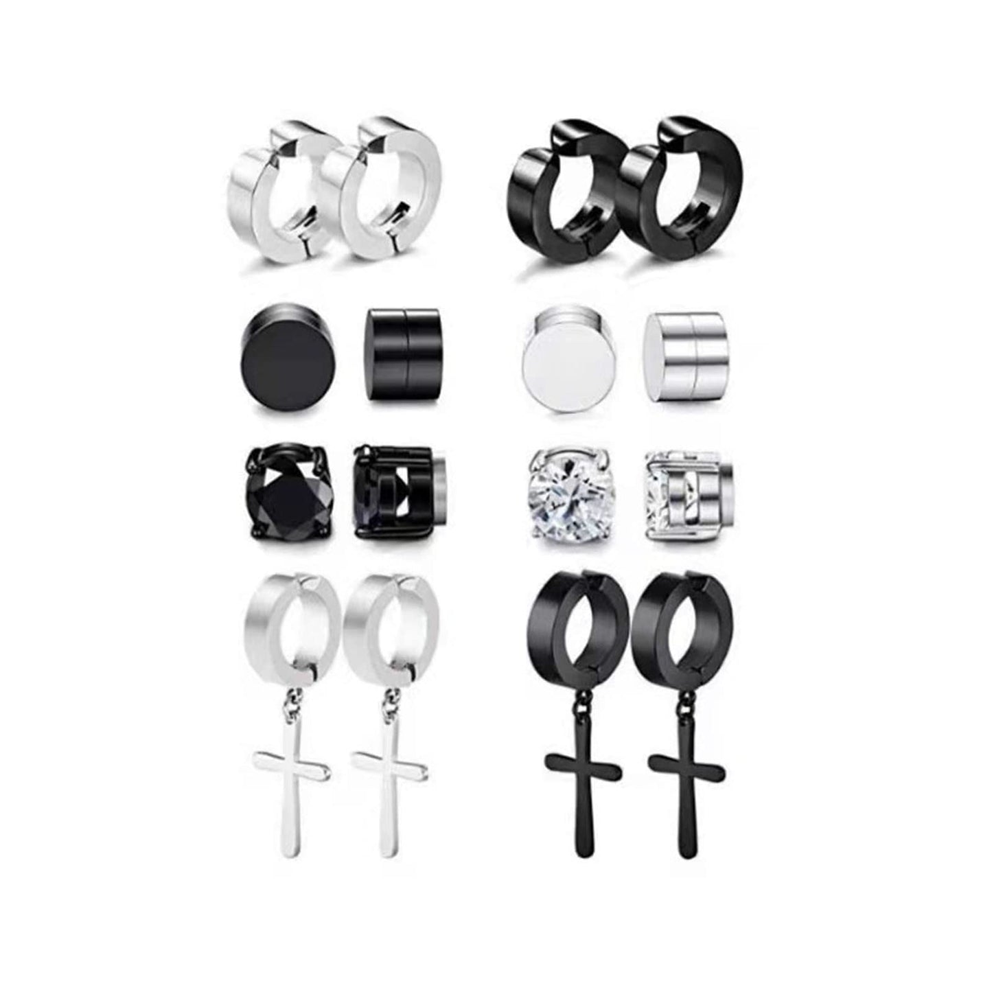 LEBOCADO Stud Earrings Set for Men Women, Non-Piercing Cross Dangle Hoop Earrings Unisex, Stainless Steel Magnetic Earrings Clip on Earring Set (10 Pairs)