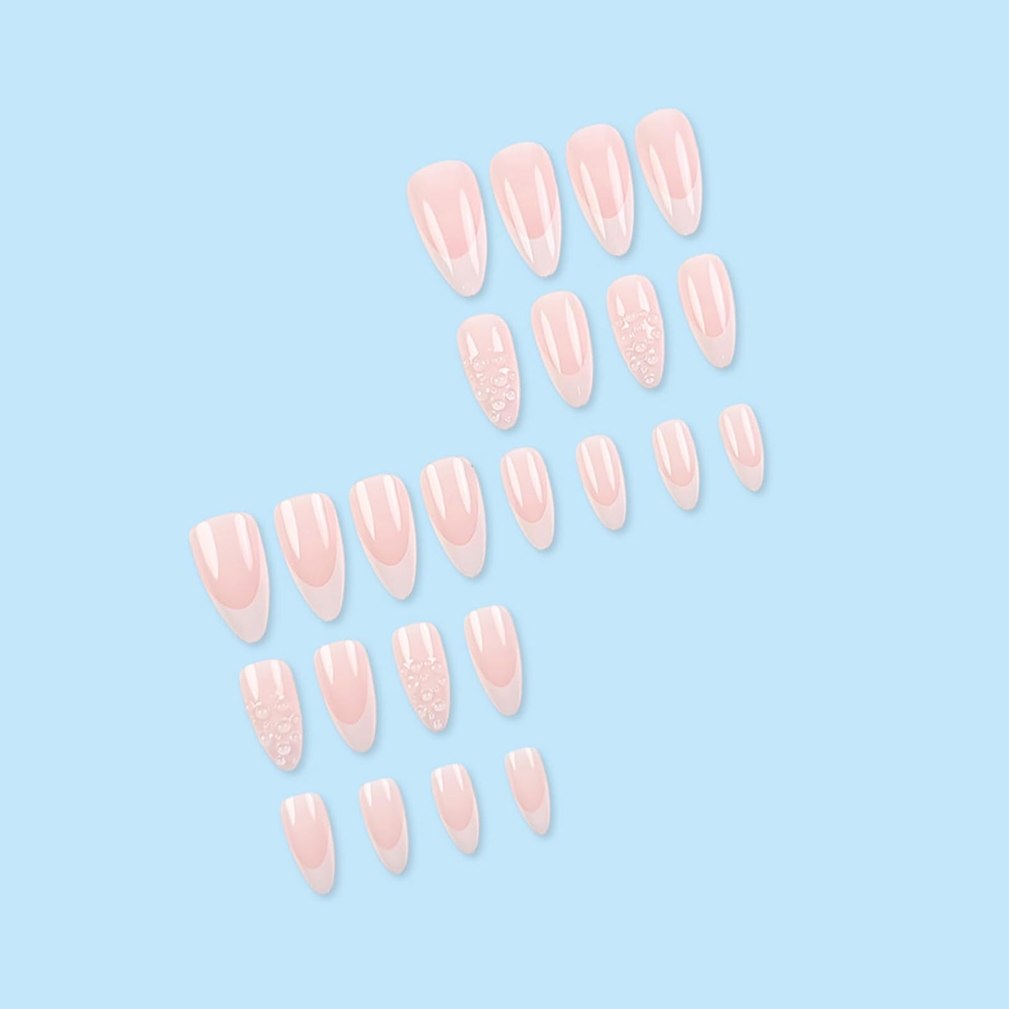 French Tip Press on Nails Medium Almond Acrylic False Nails nude Ombre White 3D Water Droplets Fake Nails Full Cover Stick on Nails for Women Manicure Decoration 24Pcs