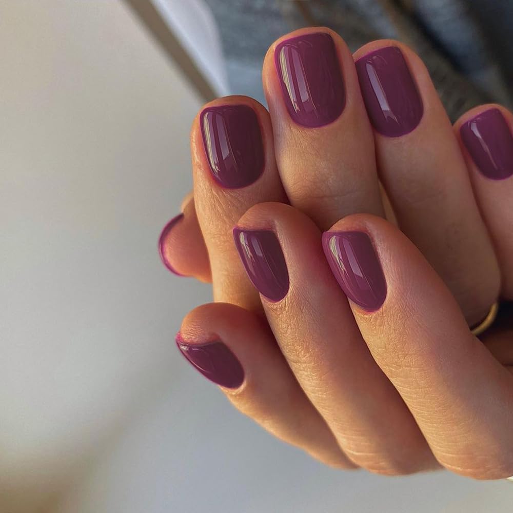 Plum Press on Nails Short Square, Acrylic Fake Nails Glue on Short Square Nails Press ons, Soft Gel Glue on Nail Stick on for Women Thick Solid Color 24pcs