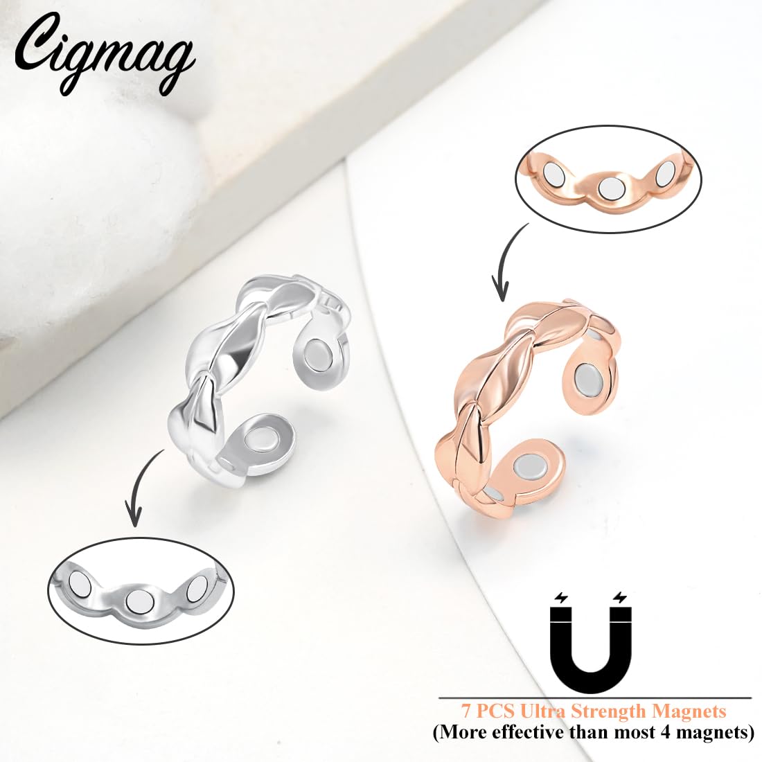 Cigmag 2PCS Copper Rings for Women Ultra Strength Magnets Adjustable Magnetic Rings with Present Box