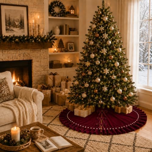 Christmas Tree Skirt,Velvet Tree Skirt with Ruffled Edge with Pearls, Classic Large Velvet Fur Plush Tree Skirt for Merry Christmas(WineRed,48Inch)