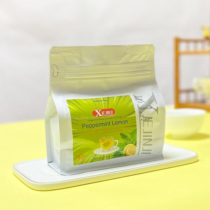 XIEJINJI Peppermint Lemon Tea Bags, 4.2g x 40 Count (5.9 oz), 100% Natural Lemon & Peppermint Leaves, No Flavoring - No Additives - Caffeine Free, Eco-Conscious Pyramid Clear Filter Teabag