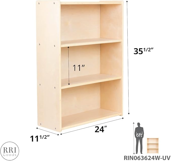 Child Three-Shelf Bookcase, 35.5”H x 24”W x 11.5”D Sturdy Birch Plywood Shelves for Daycare Storage of Books, Toys, Supplies, Smooth Natural Wood (36")