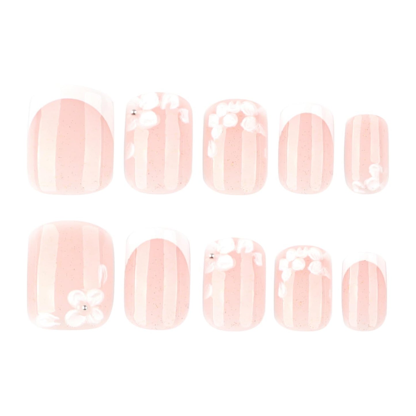 OCOUYVD Cute Flower Press-on Nails, 24pcs Glitter Short Square Acrylic False Nails with 3D Embossed Floral Pearl Design, French Tip, Full Cover Stick-on Nails for Women Manicure