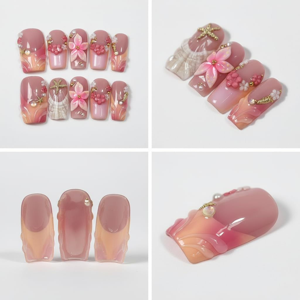 Handmade Press on Nails Medium Square Fake Nails Pink French Tip with 3D Flower Designs Beach luxury Glossy Cute Acrylic Nails for Women 10pcs (Size M）