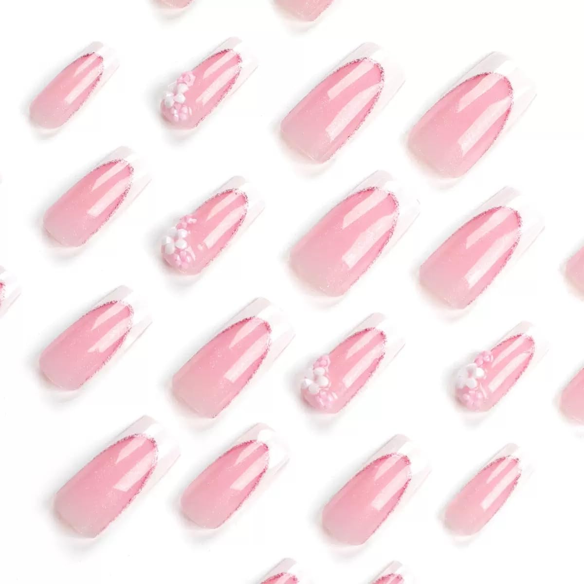 Long Press on Nails Square - White French Tip Fake Nails with Flower Chrams Design - Glossy Glitter Full Cover Stick on False Nails - for Women 24 Pcs
