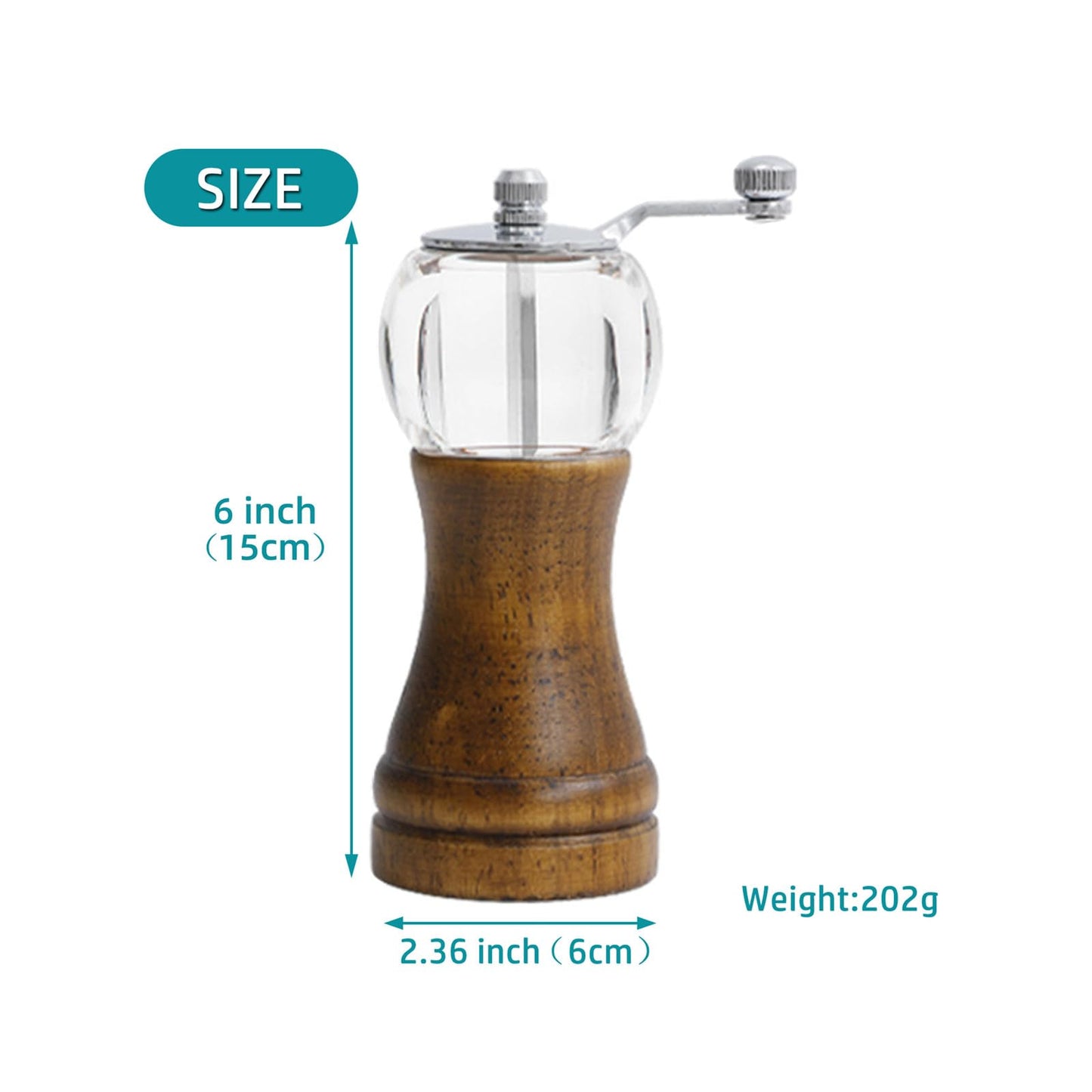 VEIZIBEE Pepper Grinder, Classical Roast Black Manual Pepper Grinder Set, Hand Shake Sea Salt Mill, Retro Style Wood， Acrylic，Ceramic Blades, Enjoy Fresh Pepper Spices (Walnut color 2pcs-6in)