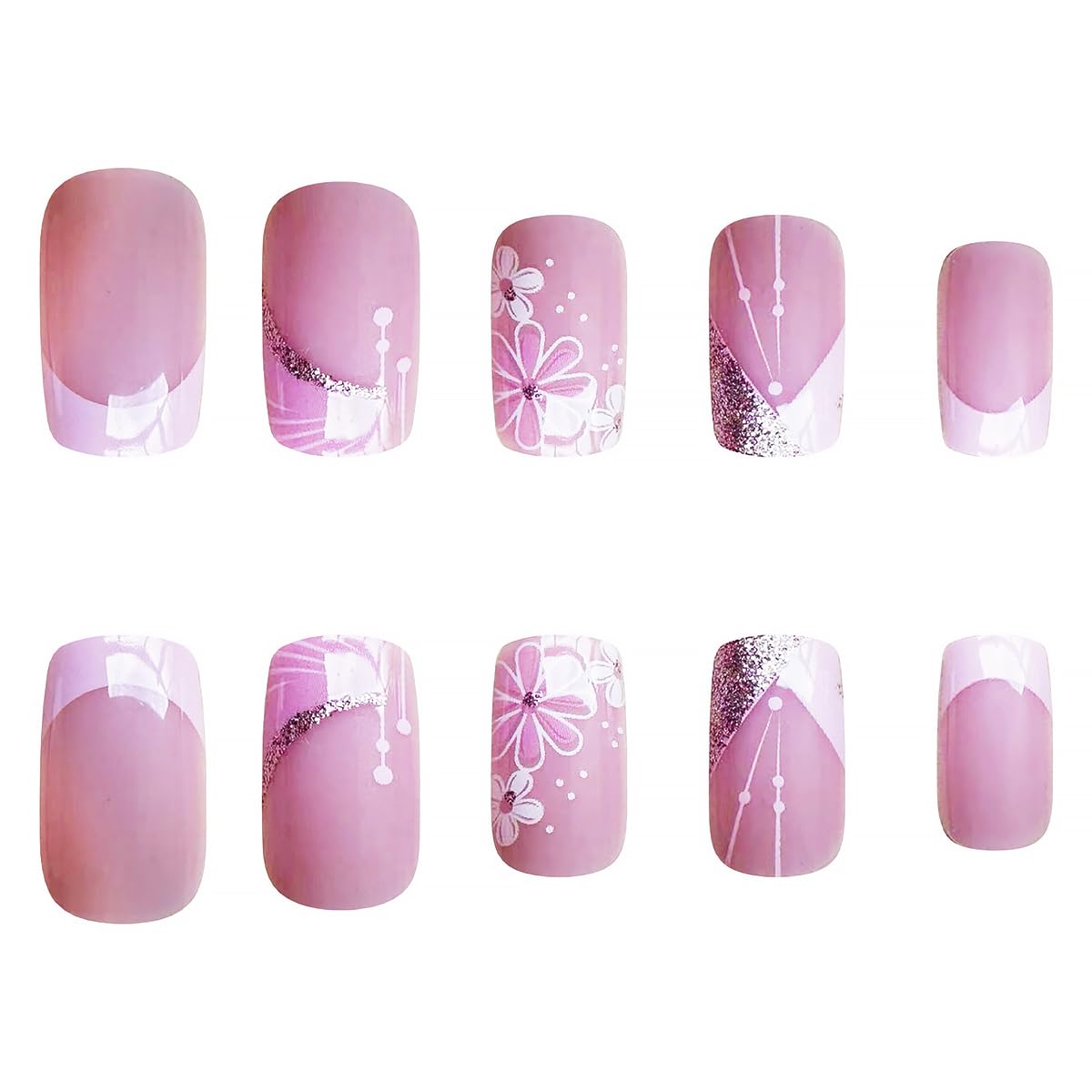 24Pcs Pink French Tip Press on Nails Short Square Fake Nails Spring Cherry Blossoms with Line Design Nude Pink False Nails Stick on Nails Full Cover Artificial Glue on Nails for Women DIY Manicure