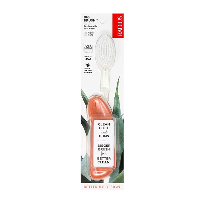 RADIUS Toothbrush Big Brush with Replaceable Head, Right Hand, Soft in Coral Sparkle, BPA Free and ADA Accepted, Designed to Improve Gum Health and Reduce The Risk of Gum Disease