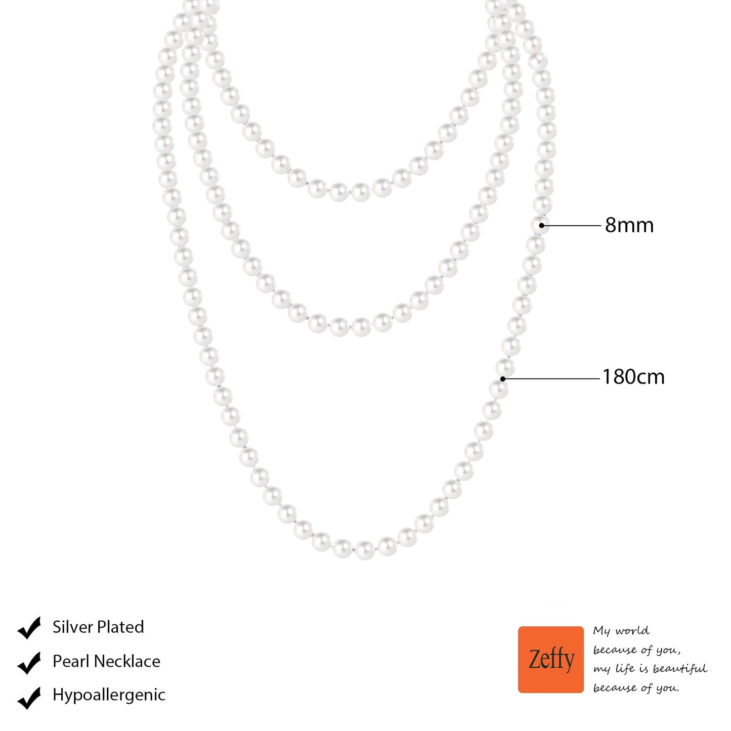 Zeffy Long Pearl Necklaces for Women Layered Faux White Pearl Beads Strand Layered Necklace Bridal Wedding Party 1920s Gatsby Costume Jewelry