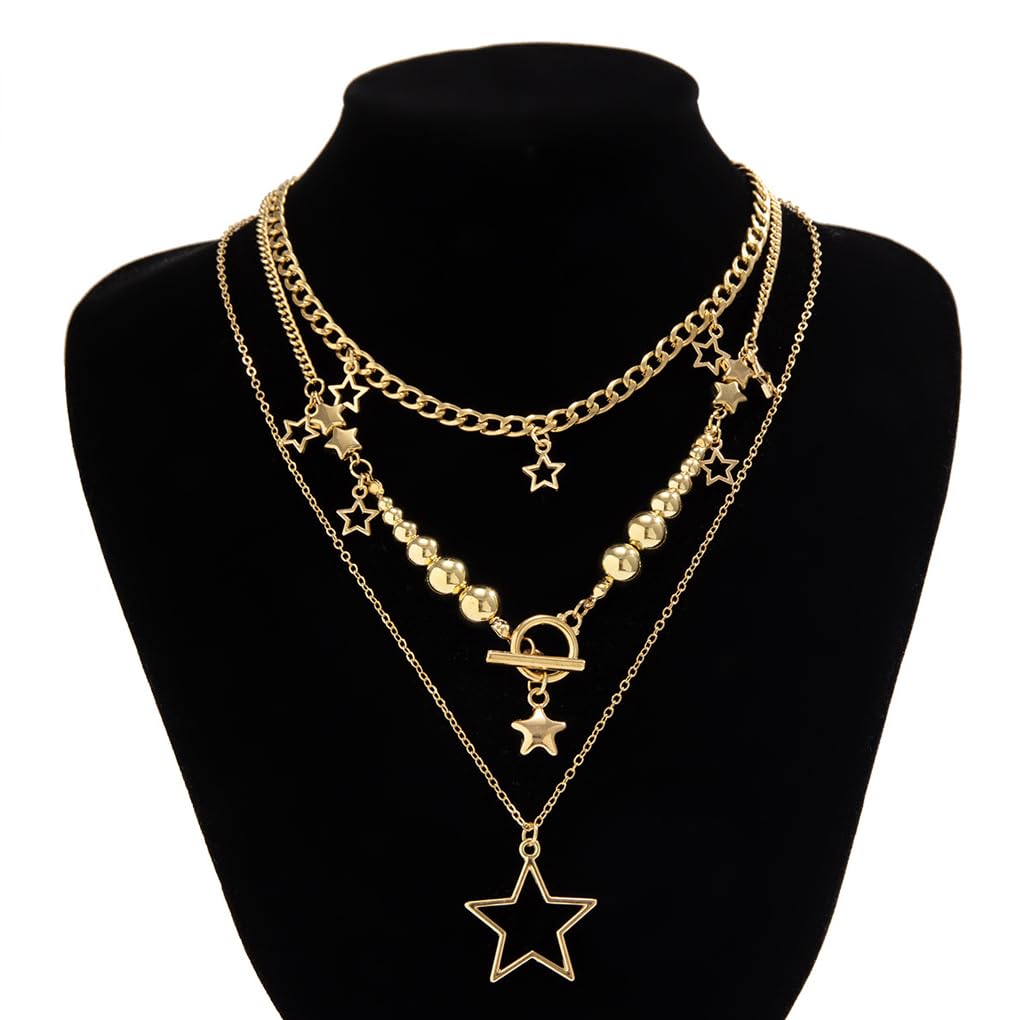 Layered Silver Y2k Star Pendant Necklaces Set for Women Stackable Stars Pearls Choker Necklace Adjustable Toggle Chain Necklaces Jewelry Accessories