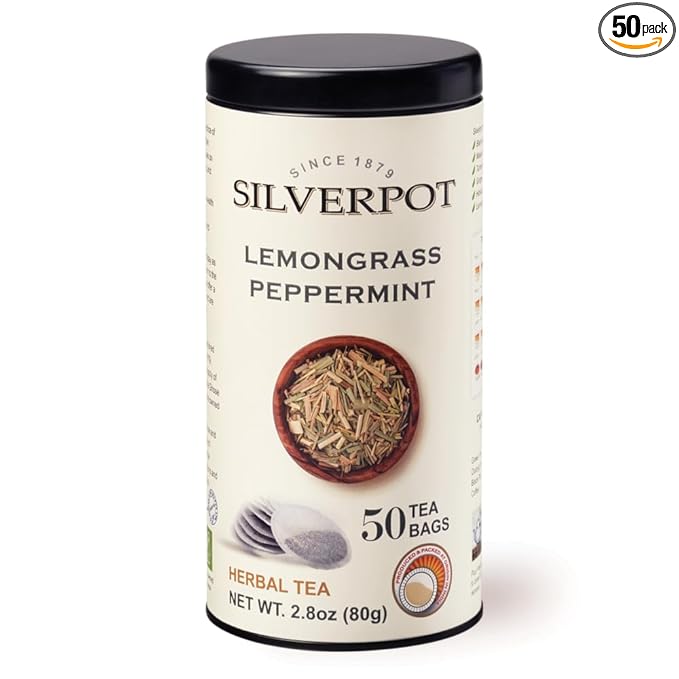 Silverpot Lemongrass & Peppermint - 50 Round Tea Bags | Cooling Citrus Mint Flavor | 100% Natural | Caffeine Free | Reusable Tin