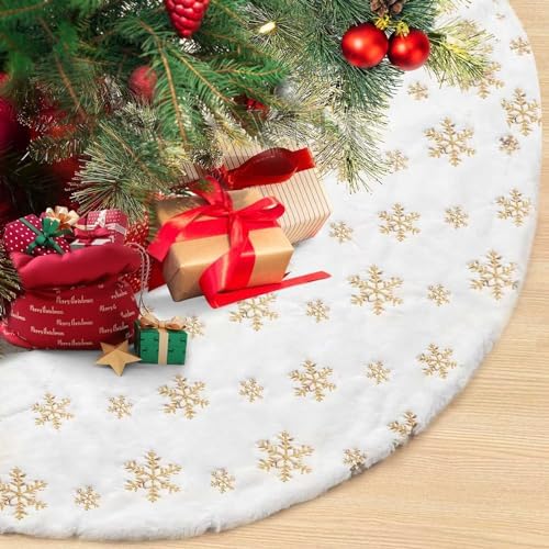 Christmas Tree Skirt, 48 Inch White Luxury Faux Fur & Gold Sequin Snowflakes, 4ft Xmas Tree Skirt for Holiday Tree Ornaments Christmas Party Home Decorations