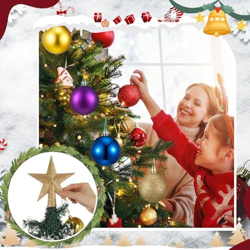 RoundFunny 25 Pcs Mini Christmas Balls Ornaments Set 2.36 Inch Christmas Day Ball Topper Star Tree Hanging Ornaments for Party Decoration(Bright Colors)