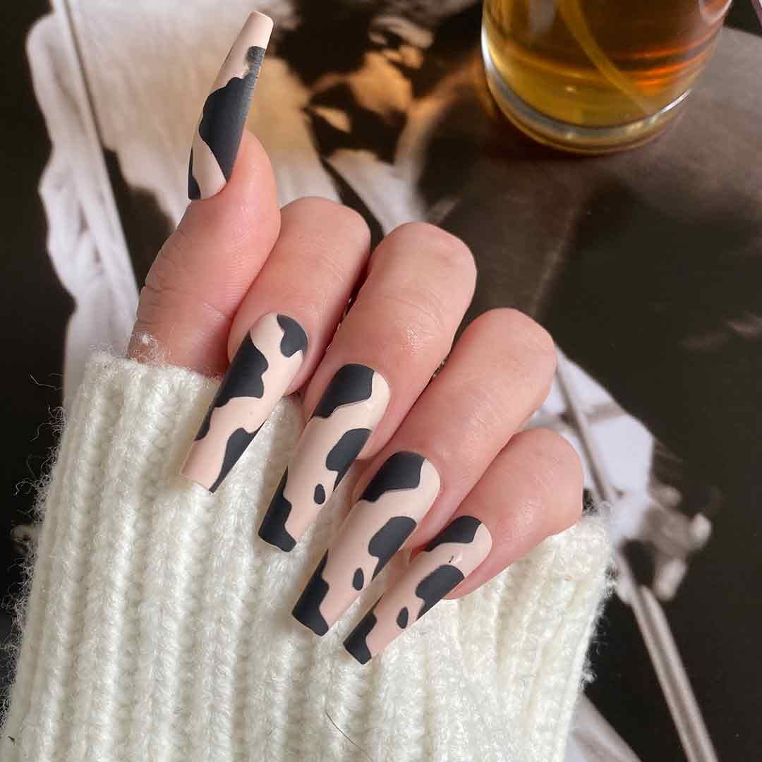CUTE MOOOOOD Premium Press-On Nails by Lavaa Beauty | Extra-Long Coffin | Black Animal Print on Matte Nude Base