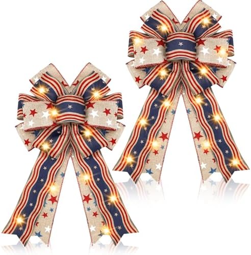 2 Pcs Patriotic 4th of July Lighted Wreath Bow Large Red White and Blue 250th Anniversary Burlap Tree Topper American Flag Star Independence Memorial Day Indoor Outdoor Decoration(Simple)