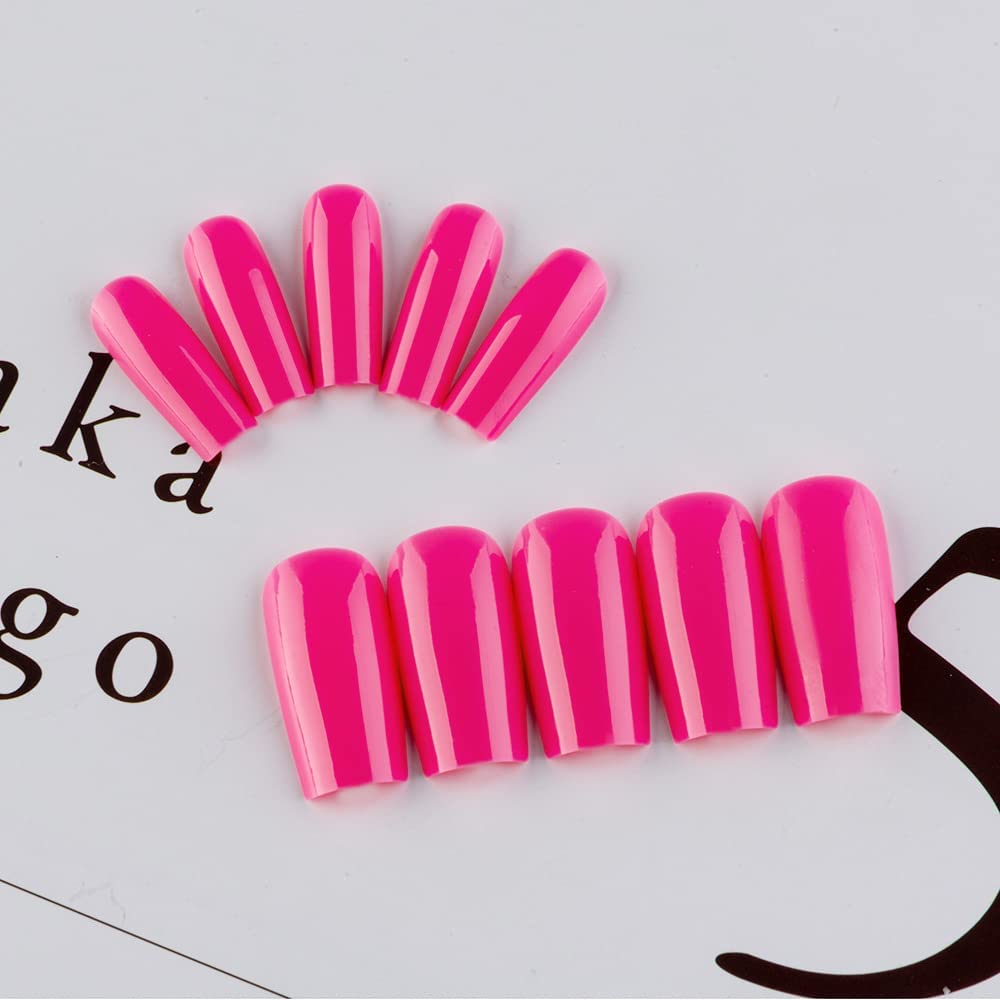 KQueenest Hot Pink Press on Nails Long Medium Square, Neon Pink Fake Nails Medium Coffin, Glossy Sheer Acrylic Nails Press ons, Reusable Vibrant Soft Gel Glue on Nails for Women Summer, Fushia