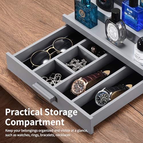 Perfume Organizer for Men, 4 Tier Wood Perfume Display Stand with Velvet Lining Drawer and Hidden Compartment for Watch,Jewelry,Perfume Display Risers,A Gift for Men (Gray) - style: 4 Tier - Grey