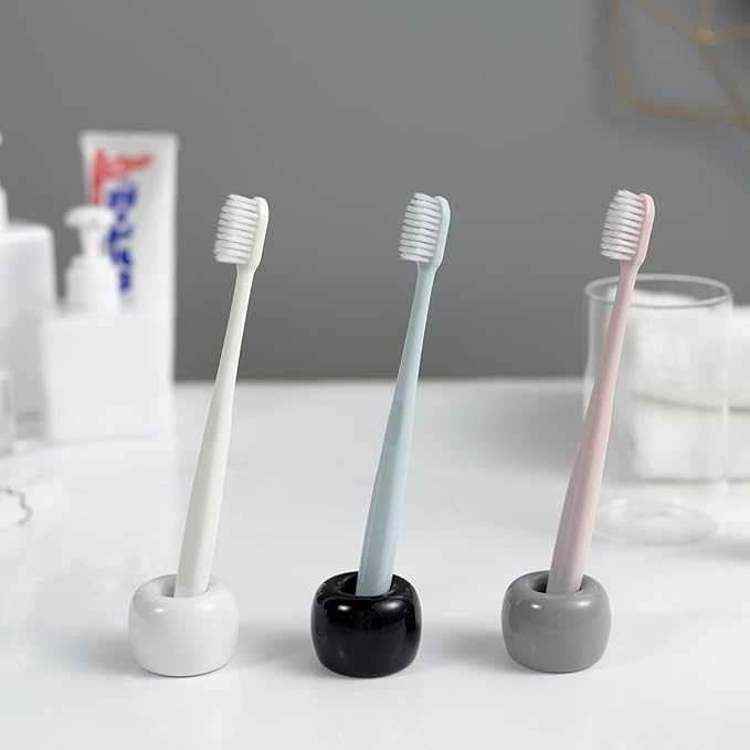 Mini Ceramic Couple Toothbrush Holder, Hand-Made Bathroom Toothbrush Holder, Electric Toothbrush Head Holder and Office Pen Holder 2-Piece Set (Gray)