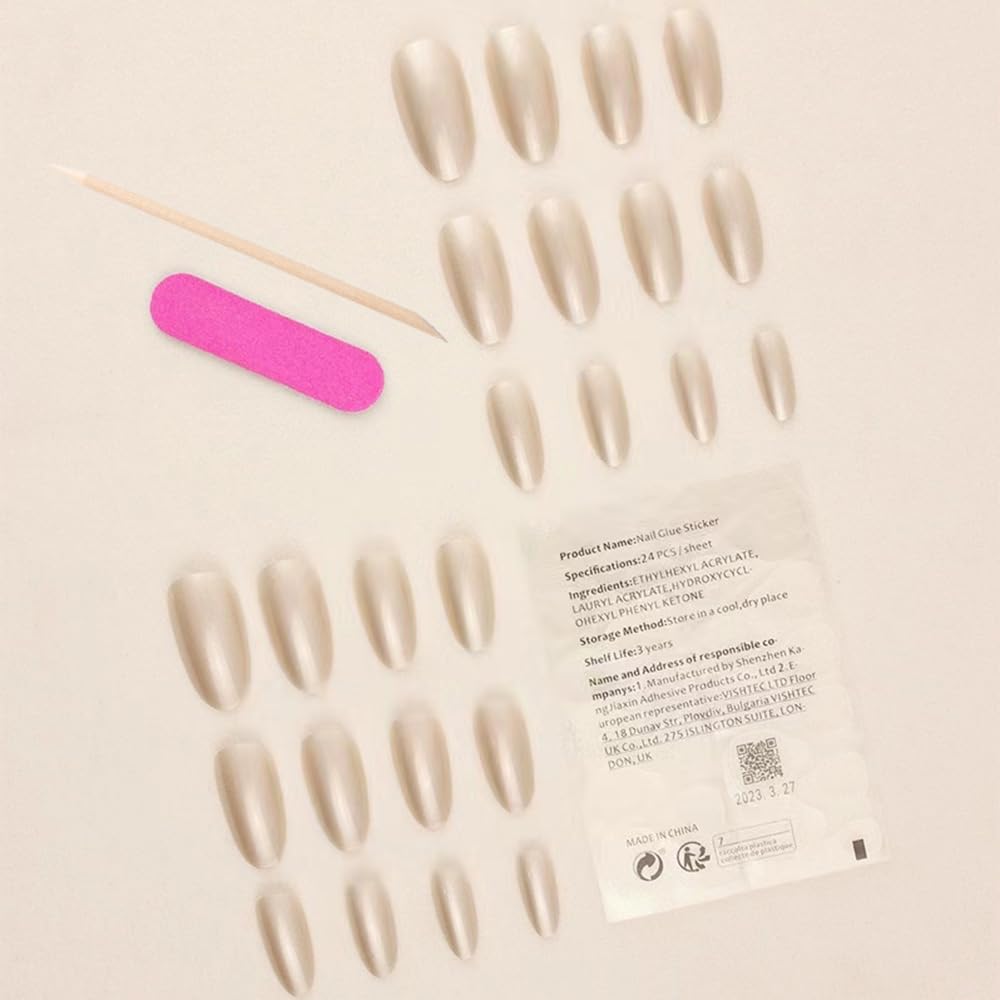 Medium Almond Press On Solid White Glossy False Nail Full Cover Acrylic Stick On Glue On Nails - 24Pcs