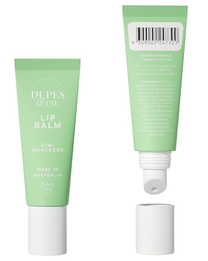 Dupes & CO. Lip Balm 2-Pack – Strawberry Sundae & Kiwi Smacker | Hydrating, Nourishing & Softening | Fruity Flavored, Moisturizing Lip Care | 2 x 0.4 oz | Made in Australia